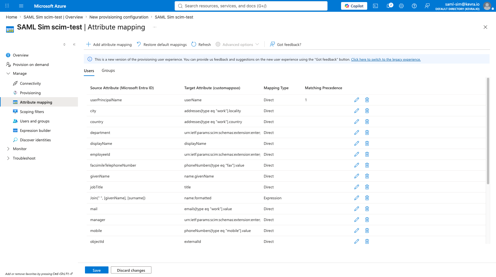 Entra ID attribute mapping screen showing source attributes mapped to SCIM target attributes