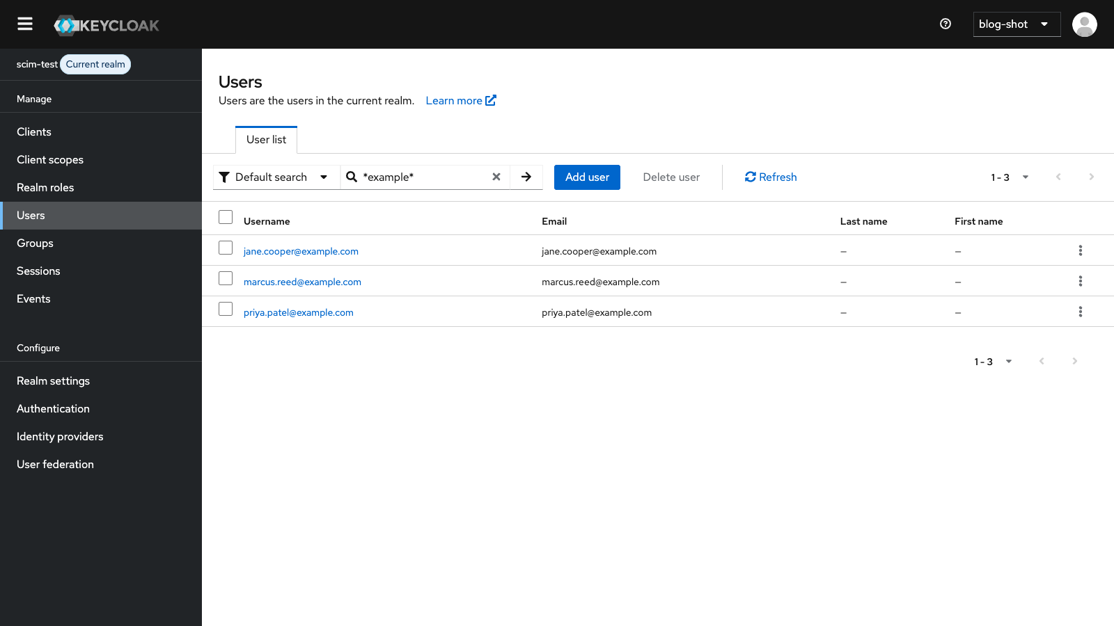 Kevra Identity realm console listing three users provisioned via SCIM